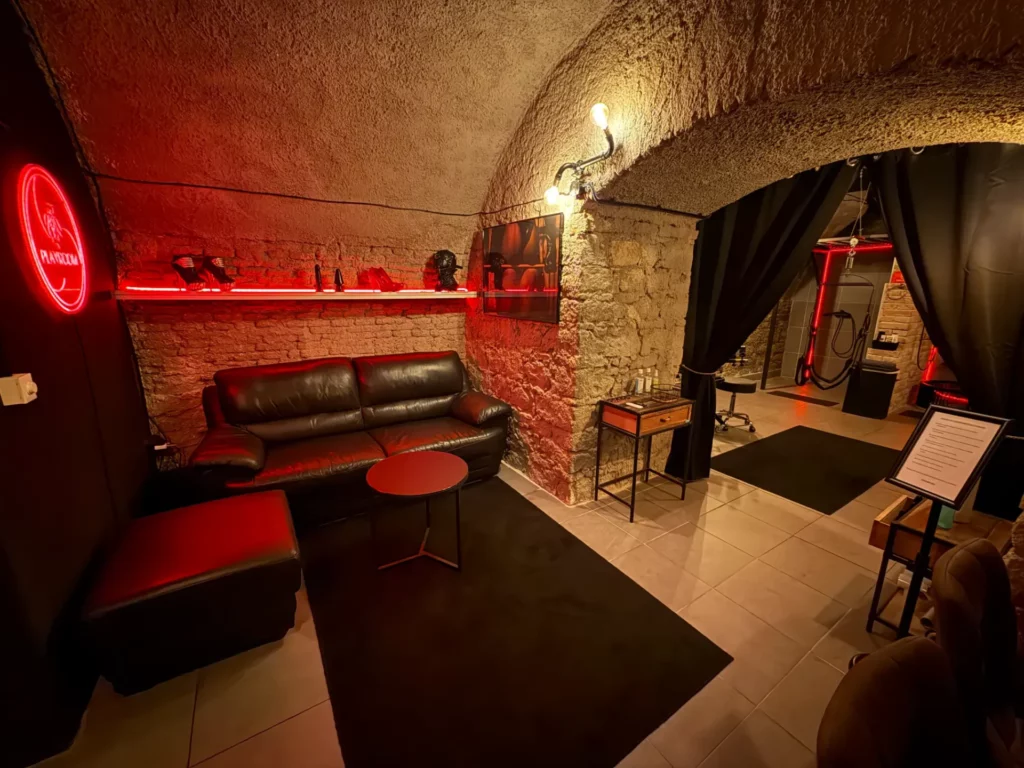 Play room with a metal bondage bed, a pillory, and a display case with accessories, BDSM studio in Karlín, Prague 8
