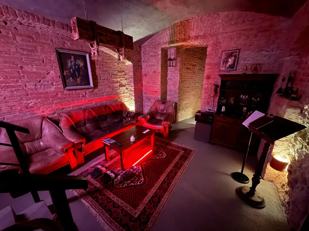 Interior of a lounge with a leather sofa, a bar, and paintings; BDSM studio in Vinohrady, Prague 2